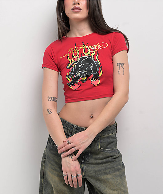Ed Hardy Panther Flame Red Crop T-Shirt