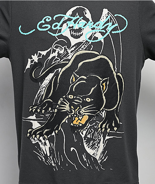 Ed Hardy Panther Flames Grey Thermal Long Sleeve T-Shirt