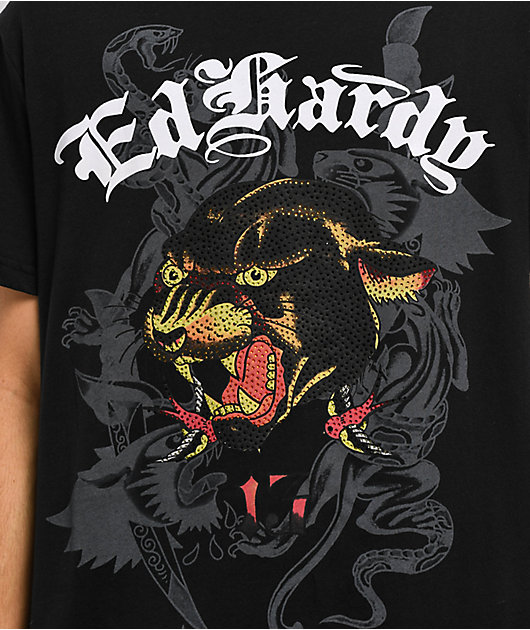 Ed Hardy PANTHER HEAD Tシャツ Ed Hardy Panther Head Rhinestone Black T-Shirt | Zumiez