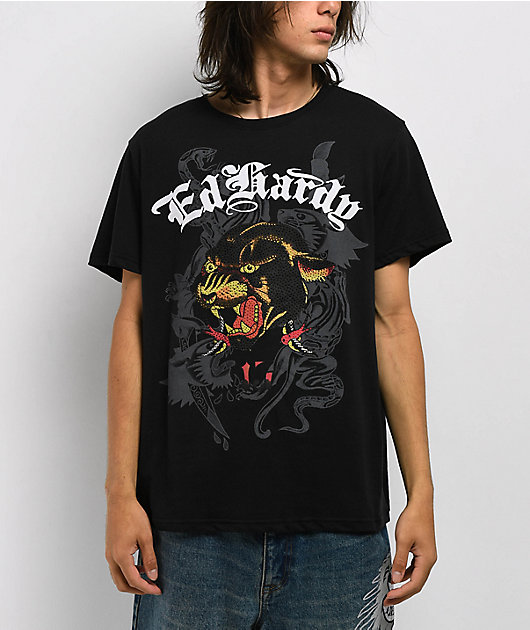 Ed Hardy Panther Head Rhinestone Black T-Shirt | Zumiez