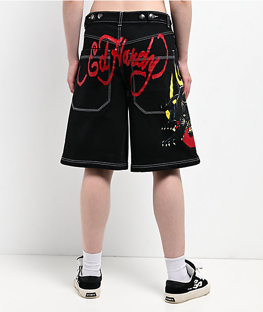 パンツ [Sculptor X Ed Hardy] Cherry Shorts Ed Hardy Phoenix Y2K Black Sweat Shorts | Zumiez