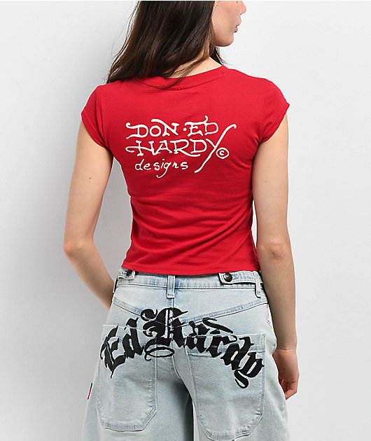 Ed Hardy Panther Rhinestone Cherry Crop T-Shirt | Zumiez