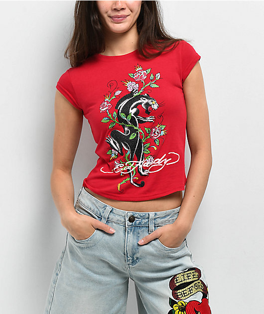 Ed Hardy Panther Rhinestone Cherry Crop T-Shirt | Zumiez