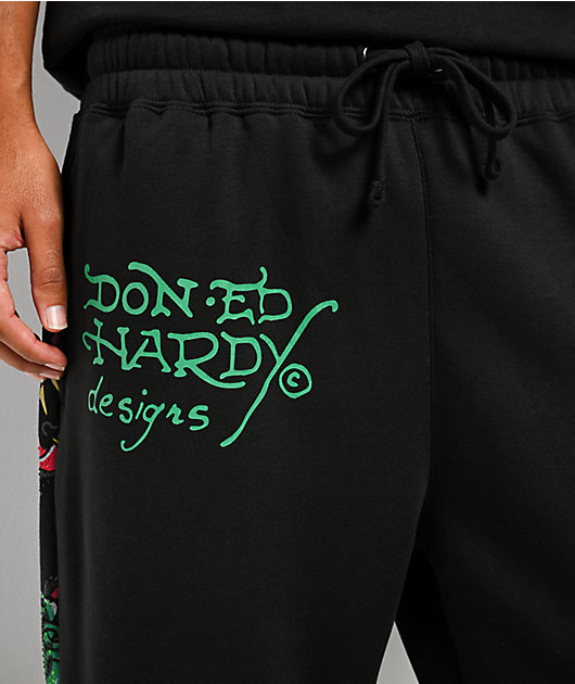 Ed Hardy Panther Rose Rhinestone Black Baggy Sweatpants