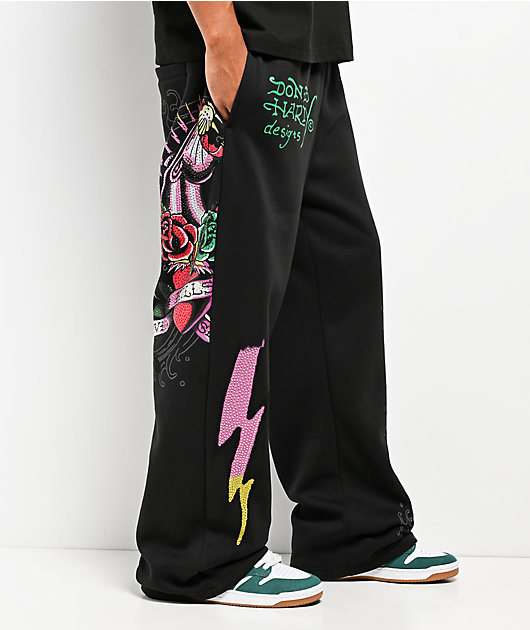 Ed Hardy Panther Rose Rhinestone Black Baggy Sweatpants