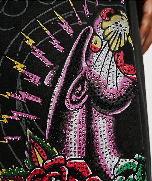 Ed Hardy Panther Rose Rhinestone Black Baggy Sweatpants