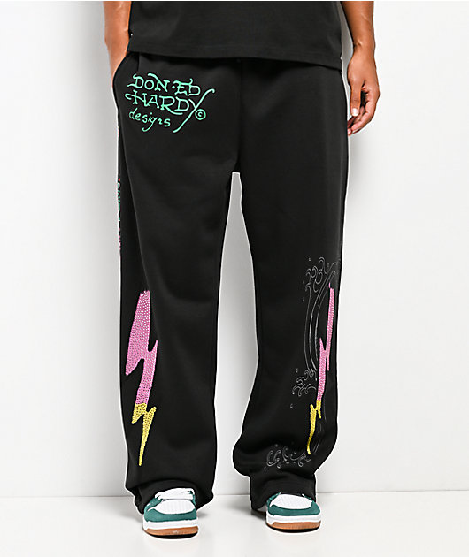 Ed Hardy Panther Rose Rhinestone Black Baggy Sweatpants
