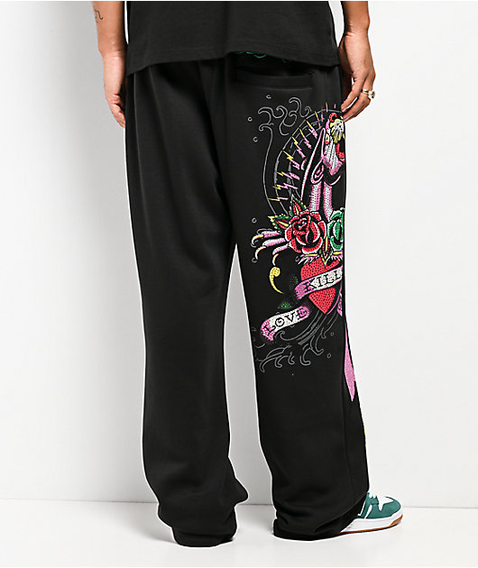Ed Hardy Panther Rose Rhinestone Black Baggy Sweatpants | Zumiez