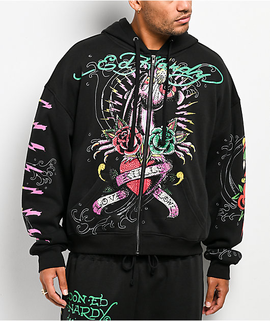 Ed Hardy Panther Rose Rhinestone Black Zip Hoodie | Zumiez