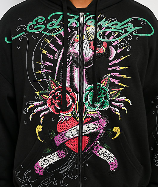 Ed Hardy Panther Rose Rhinestone Black Zip Hoodie
