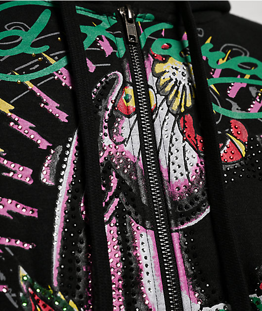 Ed Hardy Panther Rose Rhinestone Black Zip Hoodie