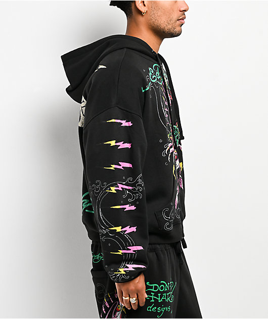Ed Hardy Panther Rose Rhinestone Black Zip Hoodie