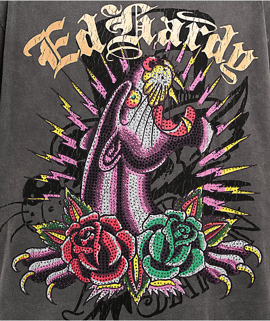 Ed Hardy Panther Rose Rhinestone Charcoal Wash Boxy T-Shirt