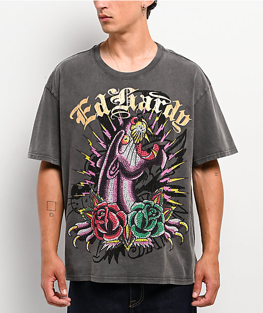 Ed Hardy 花柄 Tシャツ ブラック　フェアリーグランジ　y2k Ed Hardy Panther Rose Rhinestone Charcoal Wash Boxy T-Shirt | Zumiez