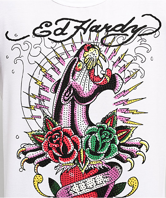 Ed Hardy Panther Rose Rhinestone White Thermal Long Sleeve T-Shirt