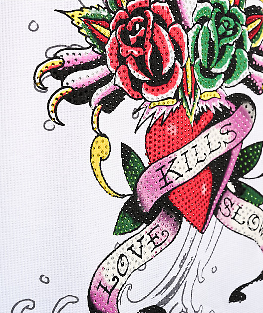 Ed Hardy Panther Rose Rhinestone White Thermal Long Sleeve T-Shirt