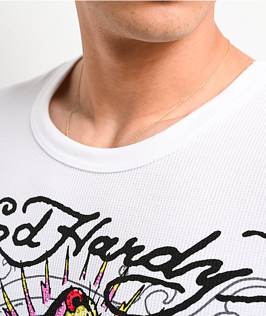 Ed Hardy Panther Rose Rhinestone White Thermal Long Sleeve T-Shirt