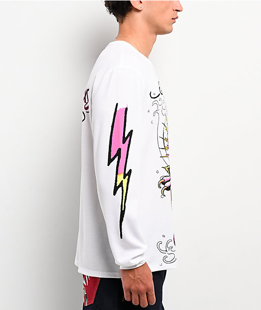 Ed Hardy Panther Rose Rhinestone White Thermal Long Sleeve T-Shirt