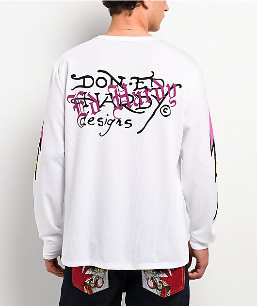 Ed Hardy Panther Rose Rhinestone White Thermal Long Sleeve T-Shirt