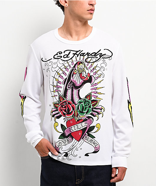 Ed Hardy Panther Rose Rhinestone White Thermal Long Sleeve T-Shirt