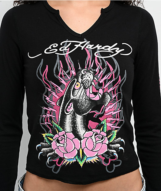 Ed Hardy Panther Roses Black Notch Thermal Long Sleeve T-Shirt