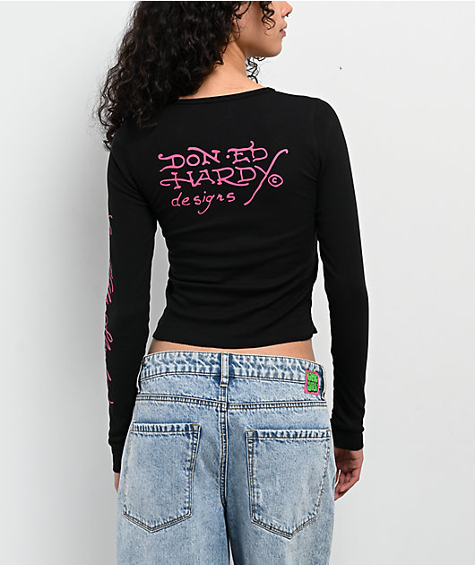 Ed Hardy Panther Roses Black Notch Thermal Long Sleeve T-Shirt