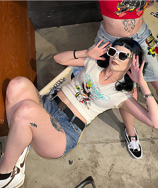 Ed Hardy Phoenix Ivory Cap Sleeve Crop T-Shirt