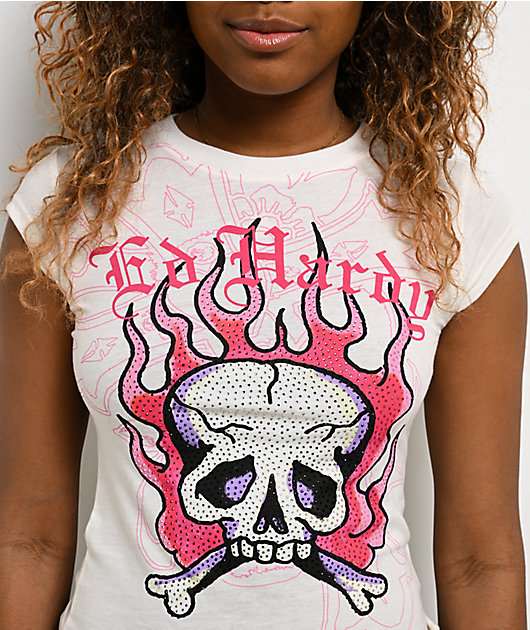 Ed Hardy Pink Flame Skull Rhinestone Ivory T-Shirt