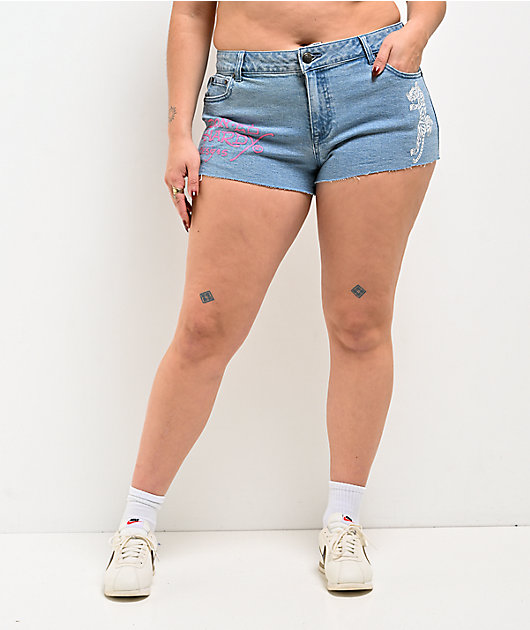 Ed Hardy Pink Leopard Washed Blue Cutoff Shorts | Zumiez