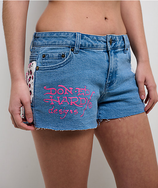 Ed Hardy Pink Leopard Washed Blue Cutoff Shorts | Zumiez