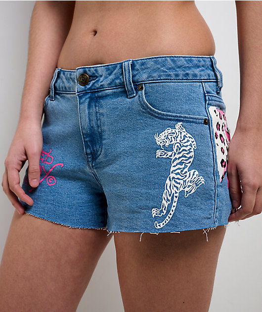 Ed Hardy Pink Leopard Washed Blue Cutoff Shorts | Zumiez