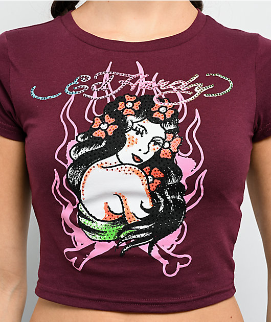 Ed Hardy Pinup Rhinestone Cabernet Crop T-Shirt