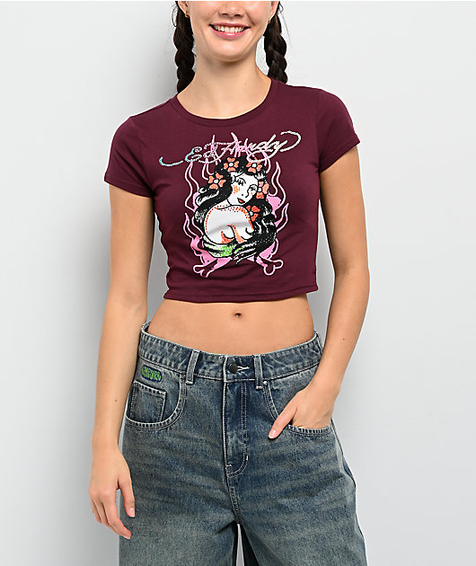 Ed Hardy Pinup Rhinestone Cabernet Crop T-Shirt