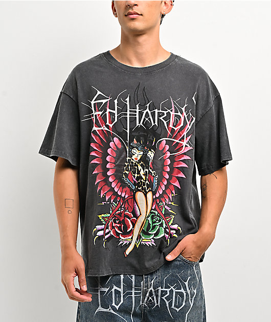 Ed Hardy Pinup Wing Black Wash T-Shirt