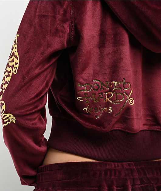 Ed Hardy Retro Tiger Burgundy Velour Crop Zip Hoodie | Zumiez