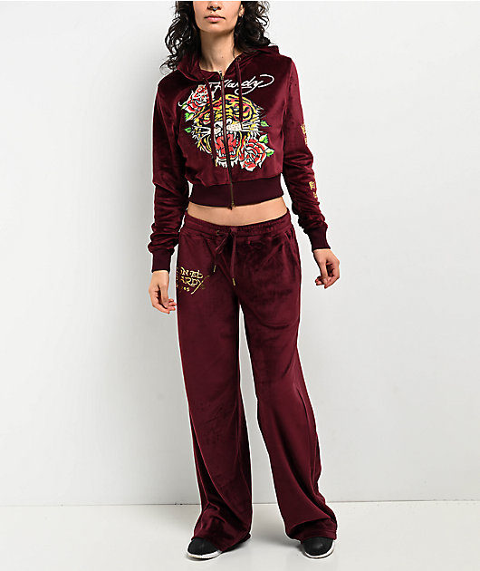 Ed Hardy Retro Tiger Burgundy Velour Crop Zip Hoodie | Zumiez