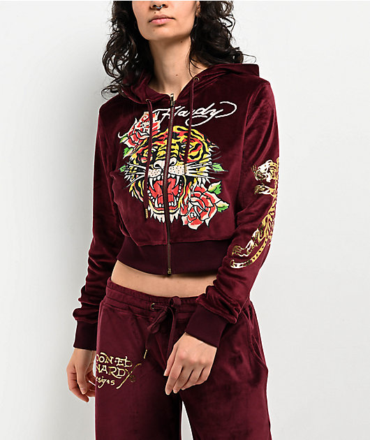 Ed Hardy Retro Tiger Burgundy Velour Crop Zip Hoodie | Zumiez