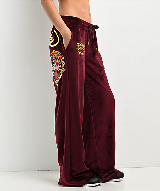 Ed Hardy Retro Tiger Burgundy Velour Track Pants | Zumiez