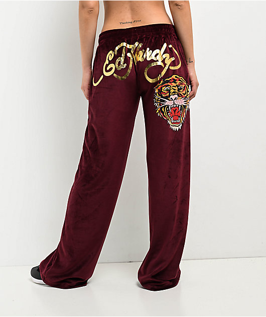 Ed Hardy Retro Tiger Burgundy Velour Track Pants Zumiez