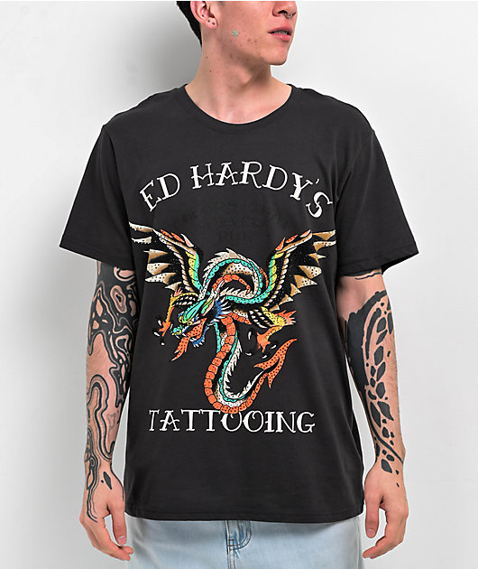 Mens Tshirt Ed Hardy Tattoo Shirt Ed Hardy Rhinestone Dragon Black