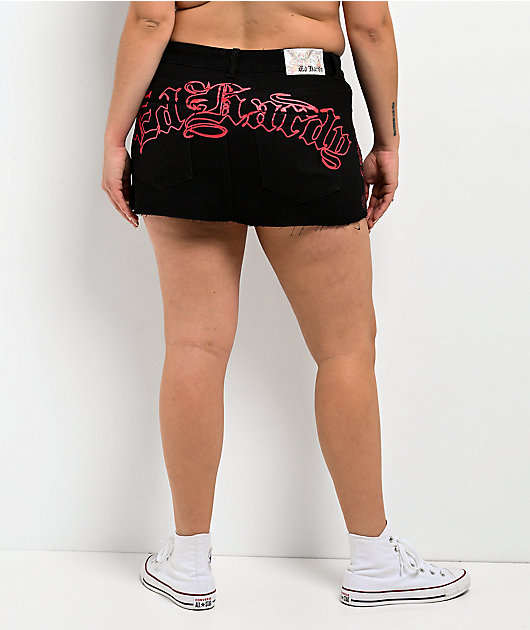 Ed Hardy Rhinestone Dragons Black Denim Cutoff Mini Skirt | Zumiez
