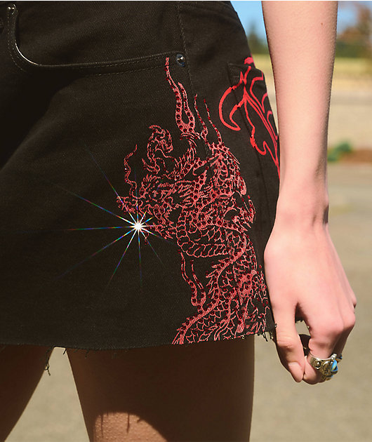 Ed Hardy Rhinestone Dragons Black Denim Cutoff Mini Skirt