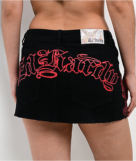 Ed Hardy Rhinestone Dragons Black Denim Cutoff Mini Skirt | Zumiez