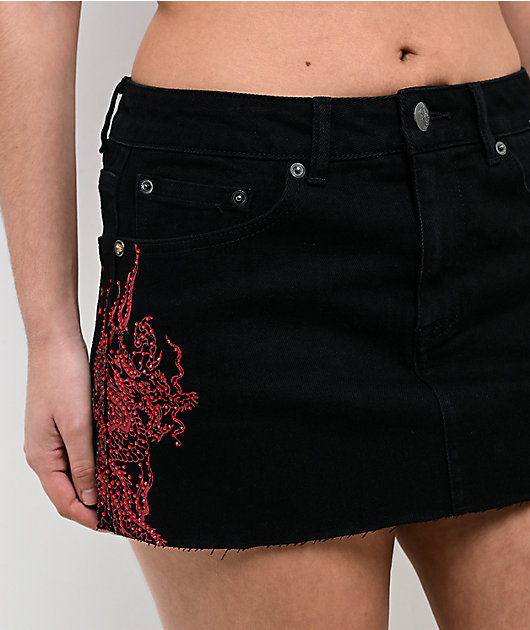 Ed Hardy Rhinestone Dragons Black Denim Cutoff Mini Skirt