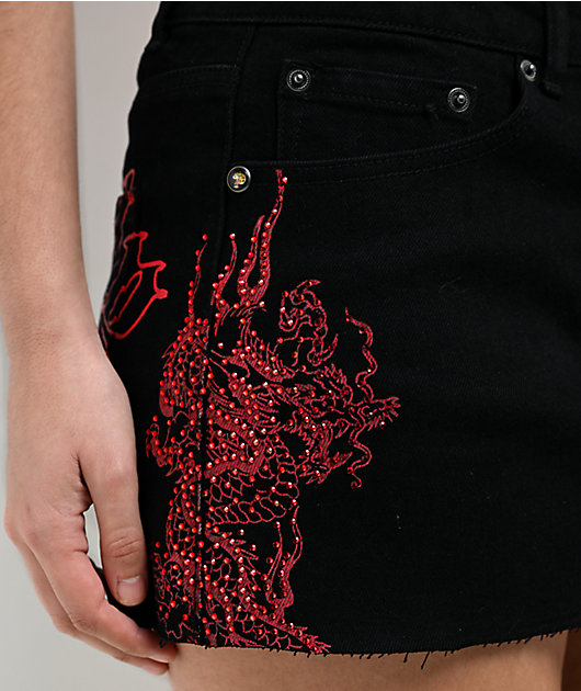 Ed Hardy Rhinestone Dragons Black Denim Cutoff Mini Skirt | Zumiez