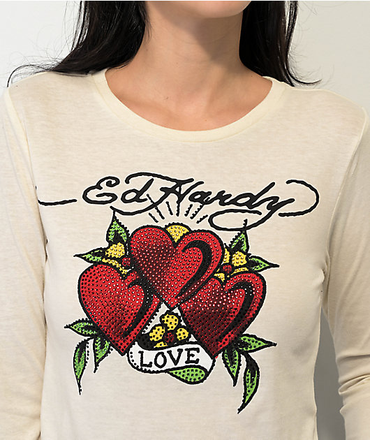 Ed Hardy Rhinestone Hearts Natural Long Sleeve Crop T-Shirt
