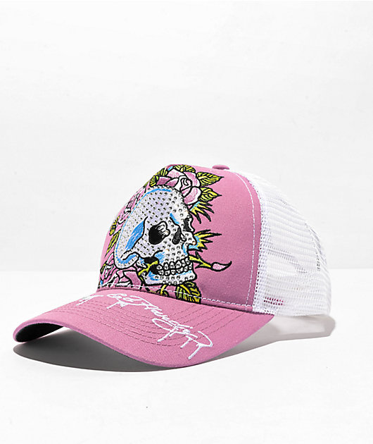 Ed Hardy Rhinestone Skull Purple & White Trucker Hat | Zumiez