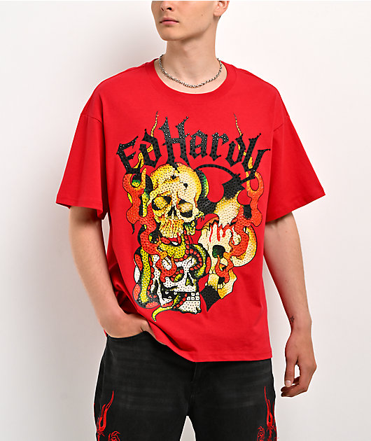 Ed Hardy Rhinestone Skulls Red T-Shirt