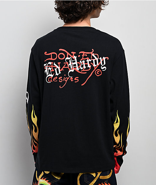 Ed Hardy Rhinestone Tiger Flames Black Long Sleeve T-Shirt