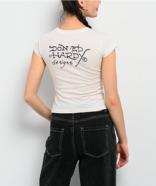 Ed Hardy Rose Cobra Ivory Crop T-Shirt